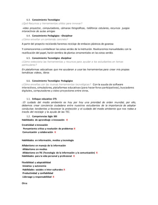 6.3. Conocimiento Tecnológico
¿Qué Recursos y herramientas utilizo para innovar?
video proyector, computadores, cámaras fotográficas, teléfonos celulares, recursos juegos
interactivos de aulas amigas
6.4. Conocimiento Pedagógico –Disciplinar
¿Cómo enseñar un contenido concreto?
A partir del proyecto reciclando haremos reciclaje de embaces plásticos de gaseosa
Y comenzaremos a embellecer las zonas verdes de la institución. Realizaremos manualidades con la
reutilización del papel, harán siembra de plantas ornamentales en las zonas verdes
6.5. Conocimiento Tecnológico disciplinar
¿Cómo selecciona las herramientas y recursos para ayudar a los estudiantes en temas
particulares?
En plataformas educativas que me ayudaran a usar las herramientas para crear mis propias
temáticas videos, libros
6.6. Conocimiento Tecnológico Pedagógico
¿Cómo enseñas con las nuevas herramientas tecnológicas? Con la ayuda de software
interactivos, simuladores, plataformas educativas (para hacer foros participativos), buscadores
digitales, computadores y video proyectores entre otros.
1.1. Enfoque educativo CTS
¿El cuidado del medio ambiente es hoy por hoy una prioridad de orden mundial, por ello,
debemos crear conciencia ciudadana entre nuestros estudiantes de la importancia de adoptar
conductas tendientes a favorecer la protección y el cuidado del medio ambiente que nos rodea a
través del reciclaje y la ayuda de las TIC.
1.2. Competencias Siglo XXI
Habilidades de aprendizaje e innovación X
Creatividad e innovación
Pensamiento crítico y resolución de problemas X
Comunicación y colaboración X
Habilidades en información, medios y tecnología
Alfabetismo en manejo de la información
Alfabetismo en medios
Alfabetismo en TIC (Tecnología de la información y la comunicación) X
Habilidades para la vida personal y profesional X
Flexibilidad y adaptabilidad
Iniciativa y autonomía
Habilidades sociales e inter-culturales X
Productividad y confiabilidad
Liderazgo y responsabilidad X
Otra:
 
