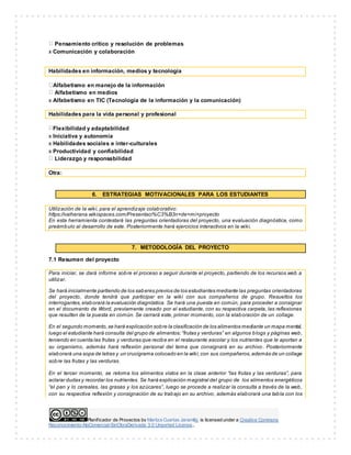 Pensamiento crítico y resolución de problemas 
x Comunicación y colaboración 
Habilidades en información, medios y tecnología 
Alfabetismo en manejo de la información 
Alfabetismo en medios 
x Alfabetismo en TIC (Tecnología de la información y la comunicación) 
Habilidades para la vida personal y profesional 
Flexibilidad y adaptabilidad 
x Iniciativa y autonomía 
x Habilidades sociales e inter-culturales 
x Productividad y confiabilidad 
Liderazgo y responsabilidad 
6. ESTRATEGIAS MOTIVACIONALES PARA LOS ESTUDIANTES 
Utilización de la wiki, para el aprendizaje colaborativo: 
https://valherana.wikispaces.com/Presentaci%C3%B3n+de+mi+proyecto 
En esta herramienta contestará las preguntas orientadoras del proyecto, una evaluación diagnóstica, como 
preámbulo al desarrollo de este. Posteriormente hará ejercicios interactivos en la wiki. 
7. METODOLOGÍA DEL PROYECTO 
7.1 Resumen del proyecto 
Para iniciar, se dará informe sobre el proceso a seguir durante el proyecto, partiendo de los recursos web a 
utilizar. 
Se hará inicialmente partiendo de los saberes previos de los estudiantes mediante las preguntas orientadoras 
del proyecto, donde tendrá que participar en la wiki con sus compañeros de grupo. Resueltos los 
interrogantes, elaborará la evaluación diagnóstica. Se hará una puesta en común, para proceder a consignar 
en el documento de Word, previamente creado por el estudiante, con su respectiva carpeta, las reflexiones 
que resulten de la puesta en común. Se cerrará este, primer momento, con la elaboración de un collage. 
En el segundo momento, se hará explicación sobre la clasificación de los alimentos mediante un mapa mental, 
luego el estudiante hará consulta del grupo de alimentos: “frutas y verduras” en algunos blogs y páginas web, 
teniendo en cuenta las frutas y verduras que recibe en el restaurante escolar y los nutrientes que le aportan a 
su organismo, además hará reflexión personal del tema que consignará en su archivo. Posteriormente 
elaborará una sopa de letras y un crucigrama colocado en la wiki, con sus compañeros, además de un collage 
sobre las frutas y las verduras. 
En el tercer momento, se retoma los alimentos vistos en la clase anterior “las frutas y las verduras”, para 
aclarar dudas y recordar los nutrientes. Se hará explicación magistral del grupo de los alimentos energéticos 
“el pan y lo cereales, las grasas y los az úcares”, luego se procede a realizar la consulta a través de la web, 
con su respectiva reflexión y consignación de su trabajo en su archivo, además elaborará una tabla con los 
Planif icador de Proyectos by Maritza Cuartas Jaramillo is licensed under a Creative Commons 
Otra: 
Reconocimiento-NoComercial-SinObraDerivada 3.0 Unported License.. 
 