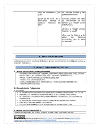 Planificador de ProyectosV2 by Maritza Cuartas Jaramillo is licensed under a Creative Commons
Reconocimiento-NoComercial-SinObraDerivada 4.0 Internacional License.
Creado a partir de la obra enhttp://punya.educ.msu.edu/publications/journal_articles/mishra-koehler-tcr2006.pdf...
ruido se incrementa? ¿Por
qué?
¿Cuál es la clave de la
convivencia pacífica en
cualquier institución del
país?
las posibles causas y las
posibles soluciones.
Consulta y labora una tabla
de clasificación de los
sonidos y su relación con el
oído humano.
¿Cuál es la relación entre la
higiene y la salud?
¿Por qué la higiene y la
salud son factores
importantes para la sana
convivencia?
4. HABILIDADES PREVIAS
Lectura comprensiva, escritura, trabajo en grupo, conocimientos tecnológicos básicos y
una gran motivación.
5. MODELO TPACK ENRIQUECIDO CTS
5.1 Conocimiento Disciplinar problemas
 CONCEPTOS: CONTAMINACIÓN AMBIENTAL, CONVIVENCIA, RESIDUOS SÓLIDOS, RUIDO, VALORES
INSTITUCIONALES, RELACIÓN DE LOS VALORES Y LOS PROBLEMAS AMBIENTALES.
 MANEJO Y CLASIFICACIÓN DE ALGUNOS RESIDUOS SÓLIDOS.
 ACCIONES PARA CONTROL DEL RUIDO
 APROPIACIÓN DE LOS VALORES INSTITUCIONALES Y SU RELACIÓN CON LOS PROBLEMAS
AMBIENTALES MENCIONADOS
5.2Conocimiento Pedagógico
SE UTILIZARÁN:
 LA INFORMACIÓN TEÓRICA QUE CADA PROFESOR TRANSMITA A LOS ESTUDIANTES EN LA CLASE.
 LAS CONSULTAS CONCEPTUALES HECHAS A TRAVÉS DE BUSCADORES COMO GOOGLE.
 LA CARTILLA EDUCATIVA TRABAJANDO LAS REFLEXIONES, LAS CONSULTAS, LOS DEBATES Y LOS
COMPROMISOS.
 LA INFORMACIÓN RECOGIDA DE LOS TRABAJOS PRESENTADOS POR LOS ESTUDIANTES.
 CLASE PARTICIPATIVA Y TRABAJO COLABORATIVO
 UTILIZACIÓN DE HERRAMIENTAS TIC ACORDES CON LOS RECURSOS EMPLEADOS
5.3 Conocimiento Tecnológico
CACOO, POWTOON, WIKIS, PREZI, DRIVE, GOOGLE, BLOGER, GMAIL, SLIDESHARE, INTERNET,
 
