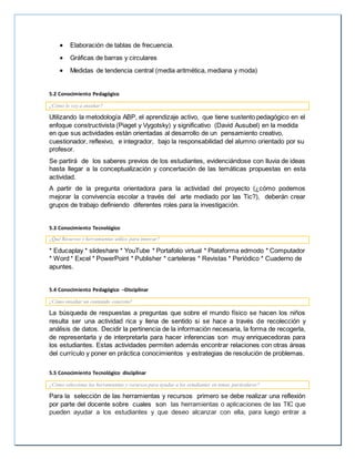  Elaboración de tablas de frecuencia.
 Gráficas de barras y circulares
 Medidas de tendencia central (media aritmética, mediana y moda)
5.2 Conocimiento Pedagógico
¿Cómo lo voy a enseñar?
Utilizando la metodología ABP, el aprendizaje activo, que tiene sustento pedagógico en el
enfoque constructivista (Piaget y Vygotsky) y significativo (David Ausubel) en la medida
en que sus actividades están orientadas al desarrollo de un pensamiento creativo,
cuestionador, reflexivo, e integrador, bajo la responsabilidad del alumno orientado por su
profesor.
Se partirá de los saberes previos de los estudiantes, evidenciándose con lluvia de ideas
hasta llegar a la conceptualización y concertación de las temáticas propuestas en esta
actividad.
A partir de la pregunta orientadora para la actividad del proyecto (¿cómo podemos
mejorar la convivencia escolar a través del arte mediado por las Tic?), deberán crear
grupos de trabajo definiendo diferentes roles para la investigación.
5.3 Conocimiento Tecnológico
¿Qué Recursos y herramientas utilizo para innovar?
* Educaplay * slideshare * YouTube * Portafolio virtual * Plataforma edmodo * Computador
* Word * Excel * PowerPoint * Publisher * carteleras * Revistas * Periódico * Cuaderno de
apuntes.
5.4 Conocimiento Pedagógico –Disciplinar
¿Cómo enseñar un contenido concreto?
La búsqueda de respuestas a preguntas que sobre el mundo físico se hacen los niños
resulta ser una actividad rica y llena de sentido si se hace a través de recolección y
análisis de datos. Decidir la pertinencia de la información necesaria, la forma de recogerla,
de representarla y de interpretarla para hacer inferencias son muy enriquecedoras para
los estudiantes. Estas actividades permiten además encontrar relaciones con otras áreas
del currículo y poner en práctica conocimientos y estrategias de resolución de problemas.
5.5 Conocimiento Tecnológico disciplinar
¿Cómo selecciona las herramientas y recursos para ayudar a los estudiantes en temas particulares?
Para la selección de las herramientas y recursos primero se debe realizar una reflexión
por parte del docente sobre cuales son las herramientas o aplicaciones de las TIC que
pueden ayudar a los estudiantes y que deseo alcanzar con ella, para luego entrar a
 