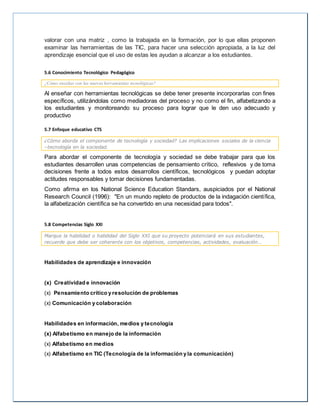 valorar con una matriz , como la trabajada en la formación, por lo que ellas proponen
examinar las herramientas de las TIC, para hacer una selección apropiada, a la luz del
aprendizaje esencial que el uso de estas les ayudan a alcanzar a los estudiantes.
5.6 Conocimiento Tecnológico Pedagógico
¿Cómo enseñas con las nuevas herramientas tecnológicas?
Al enseñar con herramientas tecnológicas se debe tener presente incorporarlas con fines
específicos, utilizándolas como mediadoras del proceso y no como el fin, alfabetizando a
los estudiantes y monitoreando su proceso para lograr que le den uso adecuado y
productivo
5.7 Enfoque educativo CTS
¿Cómo aborda el componente de tecnología y sociedad? Las implicaciones sociales de la ciencia
–tecnología en la sociedad.
Para abordar el componente de tecnología y sociedad se debe trabajar para que los
estudiantes desarrollen unas competencias de pensamiento crítico, reflexivos y de toma
decisiones frente a todos estos desarrollos científicos, tecnológicos y puedan adoptar
actitudes responsables y tomar decisiones fundamentadas.
Como afirma en los National Science Education Standars, auspiciados por el National
Research Council (1996): "En un mundo repleto de productos de la indagación científica,
la alfabetización científica se ha convertido en una necesidad para todos".
5.8 Competencias Siglo XXI
Marque la habilidad o habilidad del Siglo XXI que su proyecto potenciará en sus estudiantes,
recuerde que debe ser coherente con los objetivos, competencias, actividades, evaluación…
Habilidades de aprendizaje e innovación
(x) Creatividad e innovación
(x) Pensamiento crítico y resolución de problemas
(x) Comunicación y colaboración
Habilidades en información, medios y tecnología
(x) Alfabetismo en manejo de la información
(x) Alfabetismo en medios
(x) Alfabetismo en TIC (Tecnología de la información y la comunicación)
 