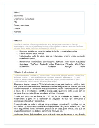 TPACK
Estándares
Lineamientos curriculares
PEI
Planes curriculares
Gráficos
Rúbricas
7.3 Recursos
Describa los recursos y herramientas digitales y no digitales que integra en su clase, si
personaliza los recursos, si diseña sus recursos, si los estudiantes aportan recursos (hardware,
software, libros, guías, materiales de laboratorio, otros…)
 Humanos: estudiantes, docente, padres de familia, comunidad educativa
 Físicos: tablero, libros, revistas
 Institucionales: aula de clase, sala de informática, entorno, medio ambiente,
espacios comunes
 Herramientas Tecnológicas: computadores, software, video beam. Educaplay
slideshare YouTube Portafolio virtual Plataforma Edmodo Word Excel
PowerPoint Publisher, Google drive.
7.4 Gestión de aula en Modelo 1:1
¿El proyecto tiene en cuenta el PEI institucional?, ¿está acorde a su plan de área?, ¿Cómo está
distribuida su aula?, ¿Cómo implementará el uso de los notebooks en modelo 1:1? ¿Cómo
utilizará el administrador de aula? ¿Cómo planifica los tiempos con tecnología en su clase?,
¿Tiene definido los tiempos de uso del Tablero interactivo?
El proyecto tiene en cuenta el PEI de la institución porque este desde su misión y visión
dice que la institución Educativa orienta la formación integral del ser humano para que
sea competente en la satisfacción de sus necesidades, las de su entorno familiar y social,
a través de la investigación científico-tecnológica, igualmente está acorde con los
planes de área de matemáticas, tecnología, artística y lenguaje.
El aula está distribuida en forma de U, El uso de los notebooks en modelo 1:1 se
implementará a partir de la realización de proyectos de aula que promuevan el
aprendizaje colaborativo y cooperativo.
El administrador de aula lo utilizaré para establecer comunicación individual con los
estudiantes, para compartir material de trabajo (archivos, programas, enlaces, etc.) para
hacer seguimiento en las actividades propuestas en clase, para evaluar, para que los
estudiantes socialicen sus trabajos con el resto del grupo, etc.
Los tiempos de uso de la tecnología en general en la clase, se planean en el plan de aula.
 