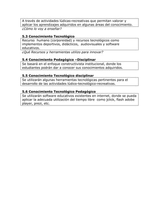 A través de actividades lúdicas-recreativas que permitan valorar y
aplicar los aprendizajes adquiridos en algunas áreas del conocimiento.
¿Cómo lo voy a enseñar?
5.3 Conocimiento Tecnológico
Recurso humano (corporeidad) y recursos tecnológicos como
implementos deportivos, didácticos, audiovisuales y software
educativos.
¿Qué Recursos y herramientas utilizo para innovar?
5.4 Conocimiento Pedagógico –Disciplinar
Se basará en el enfoque constructivista institucional, donde los
estudiantes podrán dar a conocer sus conocimientos adquiridos.
5.5 Conocimiento Tecnológico disciplinar
Se utilizarán algunas herramientas tecnológicas pertinentes para el
desarrollo de las actividades lúdico-tecnológico-recreativas.
5.6 Conocimiento Tecnológico Pedagógico
Se utilizarán software educativos existentes en internet, donde se pueda
aplicar la adecuada utilización del tiempo libre como jclick, flash adobe
player, prezi, etc.
 
