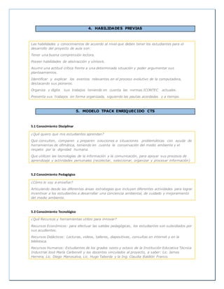 4. HABILIDADES PREVIAS
Las habilidades y conocimientos de acuerdo al nivel que deben tener los estudiantes para el
desarrollo del proyecto de aula son:
Tener una buena comprensión lectora.
Poseer habilidades de abstracción y síntesis.
Asumir una actitud crítica frente a una determinada situación y poder argumentar sus
planteamientos.
Identificar y explicar los eventos relevantes en el proceso evolutivo de la computadora,
destacando sus pioneros.
Organiza y digita sus trabajos teniendo en cuenta las normas ICONTEC actuales.
Presenta sus trabajos en forma organizada, siguiendo las pautas acordadas y a tiempo.
5. MODELO TPACK ENRIQUECIDO CTS
5.1 Conocimiento Disciplinar
¿Qué quiero que mis estudiantes aprendan?
Que consulten, comparen y preparen soluciones a situaciones problemáticas con ayuda de
herramientas de ofimática, teniendo en cuenta la conservación del medio ambiente y el
respeto por la dignidad humana.
Que utilicen las tecnologías de la información y la comunicación, para apoyar sus procesos de
aprendizaje y actividades personales (recolectar, seleccionar, organizar y procesar información)
5.2 Conocimiento Pedagógico
¿Cómo lo voy a enseñar?
Articulando desde las diferentes áreas estrategias que incluyen diferentes actividades para lograr
incentivar a los estudiantes a desarrollar una conciencia ambiental, de cuidado y mejoramiento
del medio ambiente.
5.3 Conocimiento Tecnológico
¿Qué Recursos y herramientas utilizo para innovar?
Recursos Económicos: para efectuar las salidas pedagógicas, los estudiantes son subsidiados por
sus acudientes.
Recursos Didácticos: Lecturas, videos, talleres, diapositivas, consultas en internet y en la
biblioteca.
Recursos Humanos: Estudiantes de los grados sexto y octavo de la Institución Educativa Técnica
Industrial José María Carbonell y los docentes vinculados al proyecto, a saber: Lic. James
Herrera, Lic. Diego Manosalva, Lic. Hugo Taborda y la Ing. Claudia Baldión Franco.
 