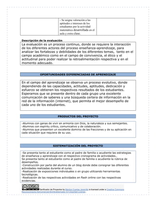 Planificador de Proyectos by Maritza Cuartas Jaramillo is licensed under a Creative Commons
Reconocimiento-NoComercial-SinObraDerivada 3.0 Unported License..
- Se asigna valoración a las
aptitudes e intereses de los
estudiantes por la actividad
matemática desarrollada en el
aula y extra clase.
Descripción de la evaluación
La evaluación es un proceso continuo, donde se requiere la interacción
de los diferentes actores del proceso enseñanza-aprendizaje, para
analizar las fortalezas y debilidades de los diferentes temas, tanto en el
campo académico como en el campo de convivencia, el ético y el
actitudinal para poder realizar la retroalimentación respectiva y en el
momento adecuado.
OPORTUNIDADES DIFERENCIADAS DE APRENDIZAJE
En el campo del aprendizaje se observa un proceso evolutivo, donde
dependiendo de las capacidades, actitudes, aptitudes, dedicación y
esfuerzo se obtienen los respectivos resultados de los estudiantes.
Esperamos que se presente dentro de cada grupo una excelente
comunicación de saberes y una búsqueda certera de información en la
red de la información (internet), que permita el mejor desempeño de
cada uno de los estudiantes.
PRODUCTOS DEL PROYECTO
-Alumnos con ganas de vivir en armonía con Dios, la naturaleza y sus semejantes.
-Alumnos con espíritu crítico, comunicativo y de colaboración.
-Alumnos que presenten un excelente dominio de las fracciones y de su aplicación en
cada situación que requiera de su uso.
SISTEMATIZACIÓN DEL PROYECTO
-Se presenta tanto al estudiante como al padre de familia o acudiente las estrategias
de enseñanza y aprendizaje con el respectivo cronograma de actividades..
Se presenta tanto al estudiante como al padre de familia o acudiente la rúbrica de
desempeños.
-Construcción por parte del alumno de un blog donde debe consignar las diferentes
actividades realizadas durante el curso.
-Realización de exposiciones individuales o en grupo utilizando herramientas
tecnológicas.
-Realización de las respectivas actividades en flash online con las respectivas
evidencias.
 