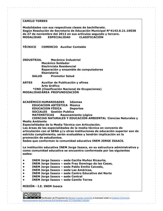 Planificador de Proyectos by Maritza Cuartas Jaramillo is licensed under a Creative Commons
Reconocimiento-NoComercial-SinObraDerivada 3.0 Unported License..
CAMILO TORRES
Modalidades con sus respectivas clases de bachillerato.
Según Resolución de Secretaria de Educación Municipal N°4143.0.21.10038
de 27 de noviembre del 2012 en sus artículos segundo y tercero.
MODALIDAD ESPECIALIDAD CLASIFICACIÓN
TÉCNICO COMERCIO Auxiliar Contable
INDUSTRIAL Mecánico Industrial
Mecánico Soldador
Electricista Residencial
Reparación y ensamble de computadores
Ebanistería
SALUD Promotor Salud
ARTES Auxiliar de Publicación y afines
Arte Gráfico
*CNO (Clasificación Nacional de Ocupaciones)
MODALIDADÁREA PROFUNDIZACIÓN
ACADÉMICO HUMANIDADES Idiomas
EDUCACION ARTÍSTICA Música
EDUCACION FÍSICA Deportes
SOCIALES Gestión Publica
MATEMÁTICAS Razonamiento Lógico
CIENCIAS NATURALES Y EDUCACIÓN AMBIENTAL Ciencias Naturales y
Medio Ambiente
Especialidades de la Media Técnica con Articulación.
Las áreas de las especialidades de la media técnica en convenio de
articulación con el SENA y/u otras instituciones de educación superior son de
estricto cumplimiento, serán evaluables y tendrán implicación en la
promoción de estudiantes.
Sedes que conforman la comunidad educativa INEM JORGE ISAACS.
La institución educativa INEM Jorge Isaacs, en su estructura administrativa y
como comunidad educativa se encuentra conformada por las siguientes
sedes:
• INEM Jorge Isaacs – sede Cecilia Muñoz Ricaurte,
• INEM Jorge Isaacs – sede Fray Domingo de las Casas,
• INEM Jorge Isaacs – sede Pablo Emilio Caicedo,
• INEM Jorge Isaacs – sede Las Américas,
• INEM Jorge Isaacs – sede Centro Educativo del Norte
• INEM Jorge Isaacs – sede Central
• INEM Jorge Isaacs – sede Camilo Torres
MISIÓN - I.E. INEM Isaacs
 