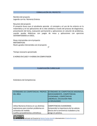 FORMULACIÓN DEL PROYECTO 
Nombre del proyecto 
Jugando con los Números Enteros 
Resumen del proyecto 
El proyecto busca qu...