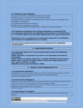 Planificador de ProyectosV2 by Maritza Cuartas Jaramillo is licensed under a Creative Commons
Reconocimiento-NoComercial-SinObraDerivada 4.0 Internacional License.
Creado a partir de la obra enhttp://punya.educ.msu.edu/publications/journal_articles/mishra-koehler-tcr2006.pdf...
3.3 Indicadores de desempeño
Se expresa con fluidez y propiedad de manera oral y escrita.
Identifica, respeta y valora al otro como interlocutor válido.
Utiliza diferentes herramientas tecnológicas que le sirven de apoyo en la adquisición de
habilidades comunicativas.
Lee comprensivamente textos narrativos.
Escribe textos con coherencia y cohesión.
Lo que los estudiantes deberán ser capaces de hacer al finalizar la actividad de aprendizaje
3.4 Preguntas orientadoras del currículo enfocadas en el proyecto-POC
¿La inadecuada adquisición de habilidades comunicativas en estudiantes de
11 a 12 años se debe a que hace falta implementar en las aulas el uso de tic?
¿Resuelven las tic el problema de la inadecuada adquisición de habilidades
comunicativas en estudiantes de 11 a 12 años.
¿De qué manera pueden ayudar las tic en la adquisición de habilidades
comunicativas?
4. HABILIDADES PREVIAS
Los estudiantes deben tener conocimientos básicos sobre las habilidades
comunicativas.
Deben reconocer la importancia que tiene el uso adecuado de las Nuevas
Tecnologías.
Deben escribir con alguna coherencia y cohesión diferentes tipos de textos.
Deben saber construir mensajes orales y escritos con alguna coherencia.
Leer textos narrativos en clase.
Identificar al otro como interlocutor válido.
5. MODELO TPACK ENRIQUECIDO CTS
5.1 Conocimiento Disciplinar
Las habilidades comunicativas: Escuchar, Hablar, Leer y Escribir a través de: El texto narrativo, los medios
masivos de comunicación, los componentes de la lengua y los elementos del teatro.
¿Qué quiero que mis estudiantes aprendan?
5.2 Conocimiento Pedagógico
El trabajo en el aula se lleva a cabo a través de la secuencia didáctica, las anticipaciones, el desarrollo de las
clases a partir de un texto eje y la participación activa de los grupos de trabajo..
Elaboración de talleres y actividades grupales que incentiven el trabajo colaborativo en el aula de clase.
Implementación de la evaluación y de la co-evaluación
¿Cómo lo voy a enseñar?
5.3 Conocimiento Tecnológico
Presentación de trabajos en el aula de clase utilizando las herramientas web 2.0 como: Glogster, Blog y
Powtoon
 