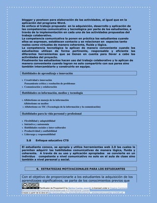 Planificador de ProyectosV2 by Maritza Cuartas Jaramillo is licensed under a Creative Commons
Reconocimiento-NoComercial-SinObraDerivada 4.0 Internacional License.
Creado a partir de la obra enhttp://punya.educ.msu.edu/publications/journal_articles/mishra-koehler-tcr2006.pdf...
blogger y powtoon para elaboración de las actividades, al igual que en la
aplicación del programa Word.
Se enfoca el trabajo propuesto en la adquisición, desarrollo y aplicación de
las competencias comunicativa y tecnológica por parte de los estudiantes, a
través de la implementación en cada una de las actividades propuestas del
trabajo colaborativo.
La competencia comunicativa la ponen en práctica los estudiantes cuando
ellos se expresan, establecen contacto y se relacionan en espacios tanto
reales como virtuales de manera coherente, fluida y lógica.
La competencia tecnológica la aplican de manera conveniente cuando los
estudiantes utilizan de forma pertinente, responsable y eficiente las
diferentes herramientas que se tienen en cuenta para llevar a cabo las
actividades del proyecto.
Finalmente los estudiantes hacen uso del trabajo colaborativo y lo aplican de
manera conveniente cuando logran no solo compartirlo con sus pares sino
también intercambiarlo y construirlo en equipo.
Habilidades de aprendizaje e innovación
x Creatividad e innovación
Pensamiento crítico y resolución de problemas
x Comunicación y colaboración
Habilidades en información, medios y tecnología

x Alfabetismo en manejo de la información
Alfabetismo en medios
x Alfabetismo en TIC (Tecnología de la información y la comunicación)
bilidades para la vida personal y profesional

x Flexibilidad y adaptabilidad
x Iniciativa y autonomía
x Habilidades sociales e inter-culturales
x Productividad y confiabilidad
x Liderazgo y responsabilidad
5.8 Enfoque educativo CTS
El estudiante conoce, se apropia y utiliza herramientas web 2.0 las cuales le
permiten adquirir las habilidades comunicativas de manera lógica, fluida y
coherente. A través de su uso y aplicación apropiados se convierte en un
individuo competente a nivel comunicativo no solo en el aula de clase sino
también a nivel personal y social.
6. ESTRATEGIAS MOTIVACIONALES PARA LOS ESTUDIANTES
Con el objetivo de proporcionarle a los estudiantes la adquisición de los
aprendizajes significativos, se parte de los conocimientos previos que
 
