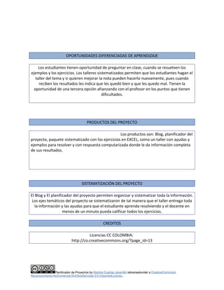 OPORTUNIDADES DIFERENCIADAS DE APRENDIZAJE 
Los estudiantes tienen oportunidad de preguntar en clase, cuando se resuelven los 
ejemplos y los ejercicios. Los talleres sistematizados permiten que los estudiantes hagan el 
taller del tema y si quieren mejorar la nota pueden hacerlo nuevamente, pues cuando 
reciben los resultados les indica que les quedó bien y que les quedo mal. Tienen la 
oportunidad de una tercera opción afianzando con el profesor en los puntos que tienen 
dificultades. 
PRODUCTOS DEL PROYECTO 
Los productos son: Blog, planificador del 
proyecto, paquete sistematizado con los ejercicios en EXCEL, como un taller con ayudas y 
ejemplos para resolver y con respuesta computarizada donde le da información completa 
de sus resultados. 
SISTEMATIZACIÓN DEL PROYECTO 
El Blog y El planificador del proyecto permiten organizar y sistematizar toda la información. 
Los ejes temáticos del proyecto se sistematizaron de tal manera que el taller entrega toda 
la información y las ayudas para que el estudiante aprenda resolviendo y el docente en 
menos de un minuto pueda calificar todos los ejercicios. 
CREDITOS 
Licencias CC COLOMBIA: 
http://co.creativecommons.org/?page_id=13 
Planificador de Proyectos by Maritza Cuartas Jaramillo islicensedunder a CreativeCommons 
Reconocimiento-NoComercial-SinObraDerivada 3.0 UnportedLicense.. 
 
