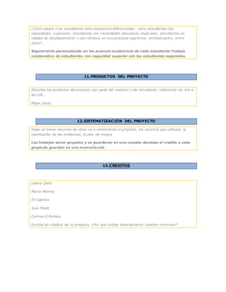 ¿Cómo apoya a los estudiantes ante situaciones diferenciadas, como estudiantes con
capacidades superiores, estudiantes con necesidades educativas especiales, estudiantes en
calidad de desplazamiento y con retrasos en sus procesos cognitivos, etnoeducación, entre
otros?
Seguimiento personalizado en los avances academicos de cada estudiante.Trabajo
colaborativo de estudiantes con capacidad superior con los estudiantes especiales.
11.PRODUCTOS DEL PROYECTO
Describa los productos del proyecto por parte del maestro y del estudiante, referenciar los link a
las URL.
Mapa Cacoo.
12.SISTEMATIZACIÓN DEL PROYECTO
Haga un breve resumen de cómo va a sistematizar el proyecto, los recursos que utilizará, la
clasificación de las evidencias, el plan de mejora
Los trabajos seran grupales y se guardaran en una carpeta dandose el credito a cada
grupo.Se guardan en una memoria usb
13. CREDITOS
Liliana Zafra
Marco Monroy
Eli Cabrera
Juan Prado
Carmen E.Perlaza
Escriba los créditos de su proyecto, ¿Por qué utilizar licenciamiento creative commons?
 