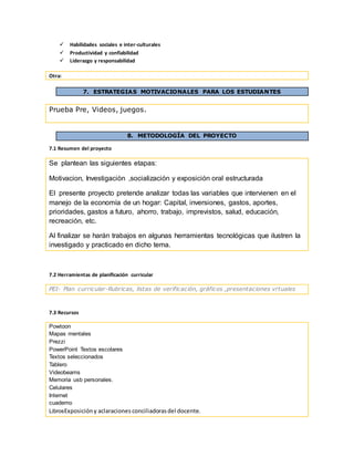  Habilidades sociales e inter-culturales
 Productividad y confiabilidad
 Liderazgo y responsabilidad
Otra:
7. ESTRATEGIAS MOTIVACIONALES PARA LOS ESTUDIANTES
Prueba Pre, Videos, juegos.
8. METODOLOGÍA DEL PROYECTO
7.1 Resumen del proyecto
Se plantean las siguientes etapas:
Motivacion, Investigaciòn ,socialización y exposición oral estructurada
El presente proyecto pretende analizar todas las variables que intervienen en el
manejo de la economía de un hogar: Capital, inversiones, gastos, aportes,
prioridades, gastos a futuro, ahorro, trabajo, imprevistos, salud, educación,
recreación, etc.
Al finalizar se harán trabajos en algunas herramientas tecnológicas que ilustren la
investigado y practicado en dicho tema.
7.2 Herramientas de planificación curricular
PEI- Plan curricular-Rubricas, listas de verificación, gráficos ,presentaciones vrtuales
7.3 Recursos
Powtoon
Mapas mentales
Prezzi
PowerPoint Textos escolares
Textos seleccionados
Tablero
Videobeams
Memoria usb personales.
Celulares
Internet
cuaderno
LibrosExposicióny aclaraciones conciliadorasdel docente.
 