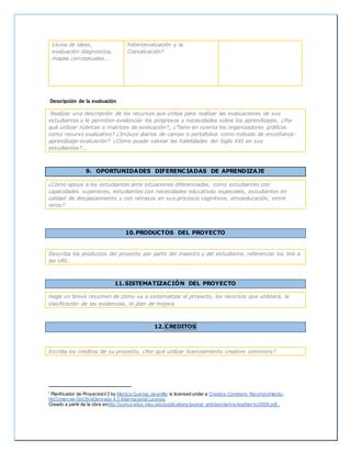 Lluvia de ideas,
evaluación diagnostica,
mapas conceptuales…
heteroevaluación y la
Coevaluación?
Descripción de la evaluación
Realizar una descripción de los recursos que utiliza para realizar las evaluaciones de sus
estudiantes y le permiten evidenciar los progresos y necesidades sobre los aprendizajes, ¿Por
qué utilizar rúbricas o matrices de evaluación?, ¿Tiene en cuenta los organizadores gráficos
como recurso evaluativo? ¿Incluye diarios de campo o portafolios como método de enseñanza-
aprendizaje-evaluación? ¿Cómo puede valorar las habilidades del Siglo XXI en sus
estudiantes?...
9. OPORTUNIDADES DIFERENCIADAS DE APRENDIZAJE
¿Cómo apoya a los estudiantes ante situaciones diferenciadas, como estudiantes con
capacidades superiores, estudiantes con necesidades educativas especiales, estudiantes en
calidad de desplazamiento y con retrasos en sus procesos cognitivos, etnoeducación, entre
otros?
10.PRODUCTOS DEL PROYECTO
Describa los productos del proyecto por parte del maestro y del estudiante, referenciar los link a
las URL.
11.SISTEMATIZACIÓN DEL PROYECTO
Haga un breve resumen de cómo va a sistematizar el proyecto, los recursos que utilizará, la
clasificación de las evidencias, el plan de mejora
12. CREDITOS
Escriba los créditos de su proyecto, ¿Por qué utilizar licenciamiento creative commons?
i Planificador de ProyectosV2 by Maritza Cuartas Jaramillo is licensed under a Creative Commons Reconocimiento-
NoComercial-SinObraDerivada 4.0 Internacional License.
Creado a partir de la obra enhttp://punya.educ.msu.edu/publications/journal_articles/mishra-koehler-tcr2006.pdf..
 