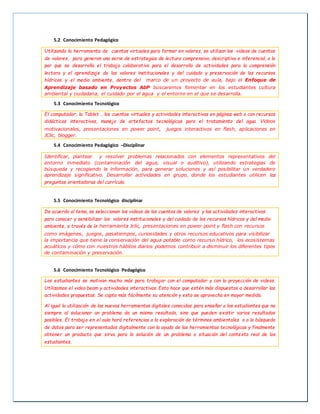 5.2 Conocimiento Pedagógico
Utilizando la herramienta de cuentos virtuales para formar en valores, se utilizan los videos de cuentos
de valores, para generan una serie de estrategias de lectura comprensiva, descriptiva e inferencial, a la
par que se desarrolla el trabajo colaborativo para el desarrollo de actividades para la comprensión
lectora y el aprendizaje de los valores institucionales y del cuidado y preservación de los recursos
hídricos y el medio ambiente, dentro del marco de un proyecto de aula, bajo el Enfoque de
Aprendizaje basado en Proyectos AbP buscaremos fomentar en los estudiantes cultura
ambiental y ciudadana, el cuidado por el agua y el entorno en el que se desarrolla.
5.3 Conocimiento Tecnológico
El computador, la Tablet , los cuentos virtuales y actividades interactivas en páginas web o con recursos
didácticos interactivos, manejo de artefactos tecnológicos para el tratamiento del agua. Videos
motivacionales, presentaciones en power point, juegos interactivos en flash, aplicaciones en
JClic, blogger.
5.4 Conocimiento Pedagógico –Disciplinar
Identificar, plantear y resolver problemas relacionados con elementos representativos del
entorno inmediato (contaminación del agua, visual o auditivo), utilizando estrategias de
búsqueda y recogiendo la información, para generar soluciones y así posibilitar un verdadero
aprendizaje significativo. Desarrollar actividades en grupo, donde los estudiantes utilicen las
preguntas orientadoras del currículo.
5.5 Conocimiento Tecnológico disciplinar
De acuerdo al tema, se seleccionan los videos de los cuentos de valores y las actividades interactivas
para conocer y sensibilizar los valores institucionales y del cuidado de los recursos hídricos y del medio
ambiente, a través de la herramienta Jclic, presentaciones en power point y flash con recursos
como imágenes, juegos, pasatiempos, curiosidades y otros recursos educativos para visibilizar
la importancia que tiene la conservación del agua potable como recurso hídrico, los ecosistemas
acuáticos y cómo con nuestros hábitos diarios podemos contribuir a disminuir los diferentes tipos
de contaminación y preservación.
5.6 Conocimiento Tecnológico Pedagógico
Los estudiantes se motivan mucho más para trabajar con el computador y con la proyección de videos.
Utilizamos el video beam y actividades interactivas. Esto hace que estén más dispuestos a desarrollar las
actividades propuestas. Se capta más fácilmente su atención y esto se aprovecha en mayor medida.
Al igual la utilización de las nuevas herramientas digitales conocidas para enseñar a los estudiantes que no
siempre al solucionar un problema da un mismo resultado, sino que pueden existir varios resultados
posibles. El trabajo en el aula hará referencias a la exploración de términos ambientales o a la búsqueda
de datos para ser representados digitalmente con la ayuda de las herramientas tecnológicas y finalmente
obtener un producto que sirva para la solución de un problema o situación del contexto real de los
estudiantes.
 