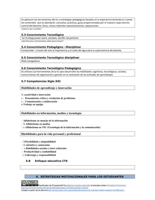 Se aplicaran las herramientas del tic y estrategias pedagógicas basadas en la experiencia teniendo en cuenta
los contenidos que se abordarán ,consultas, prácticas, guías proporcionadas por el maestro ,bajo estricto
control del docente ,foros, mesas redondas representaciones ,exposiciones
¿Cómo lo voy a enseñar?
5.3 Conocimiento Tecnológico
las tic,blogs,power point, yotubee, wordle net,pontoon
¿Qué Recursos y herramientas utilizo para innovar?
5.4 Conocimiento Pedagógico –Disciplinar
Comprender a través del arte la importancia y el cuido del agua para la supervivencia del planeta
5.5 Conocimiento Tecnológico disciplinar
Web,navegadores
5.6 Conocimiento Tecnológico Pedagógico
Se utilizara Las herramientas de la tic para desarrollar las habilidades cognitivas, tecnológicas, sociales,
comunicativas de organización y gestión en la realización de las actitudes de aprendizajes
5.7 Competencias Siglo XXI
Habilidades de aprendizaje e innovación
X cρeatividad e innovación
x Pensamiento crítico y resolución de problemas
x Comunicación y colaboración
x Trabajo en equipo
Habilidades en información, medios y tecnología
Alfabetismo en manejo de la información
X Alfabetismo en medios
x Alfabetismo en TIC (Tecnología de la información y la comunicación)
Ηαbilidades para la vida personal y profesional
XFlexibilidad y adaptabilidad
X iniciativa y autonomía
 x Habilidades sociales e inter-culturales
 Productividad y confiabilidad
x Liderazgo y responsabilidad
5.8 Enfoque educativo CTS
6. ESTRATEGIAS MOTIVACIONALES PARA LOS ESTUDIANTES
Planificador de ProyectosV2 by Maritza Cuartas Jaramillo is licensed under a Creative Commons
Reconocimiento-NoComercial-SinObraDerivada 4.0 Internacional License.
Creado a partir de la obra enhttp://punya.educ.msu.edu/publications/journal_articles/mishra-koehler-tcr2006.pdf...
 