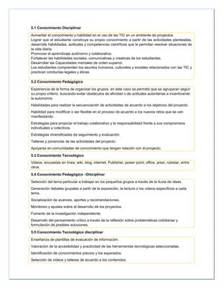 5.1 Conocimiento Disciplinar
Aumentar el conocimiento y habilidad en el uso de las TIC en un ambiente de proyectos.
Lograr que el estudiante construya su propio conocimiento a partir de las actividades planteadas,
desarrolle habilidades, actitudes y competencias científicas que le permitan resolver situaciones de
la vida diaria.
Promover el aprendizaje autónomo y colaborativo.
Fortalecer las habilidades sociales, comunicativas y creativas de los estudiantes.
Desarrollar las Capacidades mentales de orden superior.
Los estudiantes comprenden los asuntos humanos, culturales y sociales relacionados con las TIC y
practican conductas legales y éticas
5.2 Conocimiento Pedagógico
Experiencia de la forma de organizar los grupos: en este caso se permitió que se agruparan según
su propio criterio, buscando evitar obstáculos de afinidad o de actitudes autoritarias e incentivando
la autonomía.
Habilidades para realizar la secuenciación de actividades de acuerdo a los objetivos del proyecto.
Habilidad para modificar o ser flexible en el proceso de acuerdo a los nuevos retos que se van
manifestando.
Estrategias para propiciar el trabajo colaborativo y la responsabilidad frente a sus compromisos
individuales y colectivos.
Estrategias diversificadas de seguimiento y evaluación.
Talleres y ponencias de las actividades del proyecto.
Apoyarse en comunidades de conocimiento que tengan relación con el proyecto.
5.3 Conocimiento Tecnológico
Videos, encuestas en línea, wiki, blog, internet, Publisher, power point, office, prezi, rubistar, entre
otros.
5.4 Conocimiento Pedagógico –Disciplinar
Selección del tema particular a trabajar en los pequeños grupos a través de la lluvia de ideas.
Generación debates grupales a partir de la exposición, la lectura o los videos específicos a cada
tema.
Socialización de avances, aportes y recomendaciones.
Monitoreo y ajustes sobre el desarrollo de los proyectos.
Fomento de la investigación independiente.
Desarrollo del pensamiento crítico a través de la reflexión sobre problemáticas cotidianas y
formulación de posibles soluciones.
5.5 Conocimiento Tecnológico disciplinar
Enseñanza de plantillas de evaluación de información.
Valoración de la accesibilidad y practicidad de las herramientas tecnológicas seleccionadas.
Identificación de conocimientos previos y los esperados.
Selección de videos y talleres de acuerdo a los contenidos.
 
