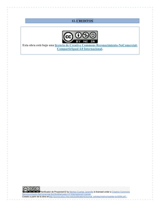 Planificador de ProyectosV2 by Maritza Cuartas Jaramillo is licensed under a Creative Commons
Reconocimiento-NoComercial-SinObraDerivada 4.0 Internacional License.
Creado a partir de la obra enhttp://punya.educ.msu.edu/publications/journal_articles/mishra-koehler-tcr2006.pdf...
12. CREDITOS
Esta obra está bajo una licencia de Creative Commons Reconocimiento-NoComercial-
CompartirIgual 4.0 Internacional.
 