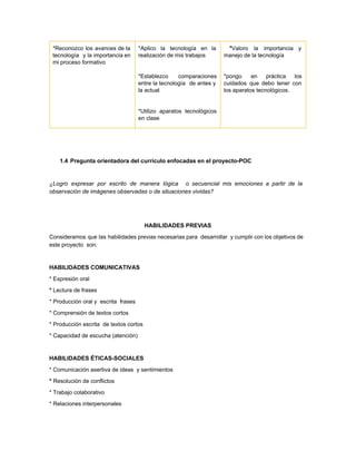 *Reconozco los avances de la         
tecnología y la importancia en         
mi proceso formativo  
 
 
*Aplico la tecnología en la         
realización de mis trabajos  
 
*Establezco comparaciones   
entre la tecnología de antes y           
la actual  
 
*Utilizo aparatos tecnológicos     
en clase  
*​Valoro la importancia y         
manejo de la tecnología 
 
*pongo en práctica los       
cuidados que debo tener con         
los aparatos tecnológicos.  
 
 
 
 
 
1.4 Pregunta orientadora del currículo enfocadas en el proyecto­POC 
 
¿Logro expresar por escrito de manera lógica o secuencial mis emociones a partir de la                             
observación de imágenes observadas o de situaciones vividas?  
 
 
HABILIDADES PREVIAS 
Consideramos que las habilidades previas necesarias para desarrollar y cumplir con los objetivos de                           
este proyecto  son:   
 
HABILIDADES COMUNICATIVAS  
* Expresión oral 
*​ Lectura de frases 
* Producción oral y  escrita  frases 
* Comprensión de textos cortos  
* Producción escrita  de textos cortos  
* Capacidad de escucha (atención)  
 
HABILIDADES ÉTICAS­SOCIALES  
* Comunicación asertiva de ideas  y sentimientos  
* ​Resolución de conflictos 
* Trabajo colaborativo 
* Relaciones interpersonales 
 