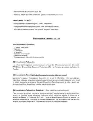 * Reconocimiento de  emociones en el otro  
* Promover el logro de  metas personales  y de sus compañeros ​personales  
 
HABILIDADES TÉCNICAS  
* ​Manejo de dispositivos tecnológicos (Tablet , computador)  
* Manejo de herramientas digitales (word, paint, Power Point, Pixtoon)  
* Búsqueda de información en la web  (videos, imágenes entre otros)   
 
 
MODELO TPACK ENRIQUECIDO CTS 
 
5.1 Conocimiento Disciplinar :   
* La oración  y sus partes   
* El párrafo  
* La descripción 
* La narración  
* Elementos de la narración  
* Partes de la narración  
* Estrategias para la elaboración de textos  escritos 
 
  
5.2 Conocimiento Pedagógico 
Los referentes Pedagógicos considerados para articular los diferentes componentes del modelo                     
TPACK son: El aprendizaje Basado en Problemas (AbP) y la Teoría del aprendizaje significativo de                             
Ausubel. 
 
5.3 Conocimiento Tecnológico ​¿Qué Recursos y herramientas utilizo para innovar? 
Manejo de los equipos tecnológicos disponibles en la sala de informática : video beam, cámara                             
fotográfica, celulares, computador, dispositivos periféricos(impresora, micrófono,escáner entre otros)               
y tablet. Uso de herramientas de Microsoft Office (Word, Paint, Reproductor de video y audio), uso                               
de recursos en línea (buscadores, youtube, prezzi, pixtoon,blog)   
 
5.4 Conocimiento Pedagógico –Disciplinar   ​¿Cómo enseñar un contenido concreto? 
Para promover la escritura creativa de textos narrativos en estudiantes de los grados segundo y                             
tercero de nuestras sedes educativas, tendremos como elementos teóricos de referencia, el                       
aprendizaje Basado en Problemas (AbP) y la Teoría del aprendizaje significativo de Ausubel. Los                           
anteriores referentes se articularán en una estrategia tomada de la disciplina, que nos permitirá                           
alcanzar el propósito del proyecto. Dicha secuencia consta de los siguientes pasos:   
 
 