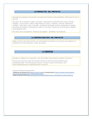 10.PRODUCTOS DEL PROYECTO
Describa los productos del proyecto por parte del maestro y del estudiante, referenciar los link a
las URL.
Por parte de los docentes: Blogs, tutoriales, Presentación multimedia Time Rime, Charlas
dirigidas, comunicación, Videos, Mapa Mental en Cacoo, Imágenes, láminas, Reflexiones
verbales, video bean, guías, tutoriales, instalación del google chrome, búsquedas en google,
descarga de imágenes, búsqueda de videos en YouTube, manejo de la herramienta Glogster
(www.glogster.com)
Por parte de los estudiantes: diseño de los glogster portafolios de evidencias.
11.SISTEMATIZACIÓN DEL PROYECTO
Haga un breve resumen de cómo va a sistematizar el proyecto, los recursos que utilizará, la
clasificación de las evidencias, el plan de mejora
12. CREDITOS
Escriba los créditos de su proyecto, ¿Por qué utilizar licenciamiento creative commons?
This work is licensed under the Creative Commons Reconocimiento-NoComercial-
SinObraDerivada 4.0 Internacional License. To view a copy of this license, visit
http://creativecommons.org/licenses/by-nc-nd/4.0/.
i Planificador de ProyectosV2 by Maritza Cuartas Jaramillo is licensed under a Creative Commons Reconocimiento-
NoComercial-SinObraDerivada 4.0 Internacional License.
Creado a partir de la obra enhttp://punya.educ.msu.edu/publications/journal_articles/mishra-koehler-tcr2006.pdf..
 