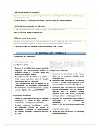 2.3 Áreas intervenidas con el proyecto
Escriba el o las áreas- asignaturas que intervienen en el proyecto de aula, los contenidos que
abarca desde el área
Educación Artística, Tecnología e Informática y Práctica Empresarial (Emprendimiento)
2.4 Nivel y grados intervenidos con el proyecto
El nivel (primaria-secundaria-media) y grado que impacta el proyecto.
Nivel de Educación Media en el grado 10-01
2.5 Tiempo necesario aproximado
Recuerde que puede elaborar una planificación inicial para una clase, para varias clase o un
periodo- debe tener presente el tiempo de clase (Semanas-meses-año-periodo)
10 semanas de clase con intensidad de una hora semanal. Total 10 horas.
3. PLANIFICACIÓN CURRICULAR
3.1 Estándares de Competencias
Estándares propios del área
Competencias Artística:
 Despierto la sensibilidad hacia los estímulos de la
naturaleza, los acontecimientos sociales, la
producción cultural y artística y tomo una
postura crítica ante los mismos.
 Desarrollo una visión de análisis de lo artístico y
emito juicios valorativos sobre la creación
histórica en el arte y la mía propia.
 Creo composiciones artísticas, basado en las
características del movimiento evidenciando el
desarrollo de las competencias básicas y expongo
un poster digital en el proyecto EXPRESARTE
Competencias Tecnológicas:
 Trabajo en equipo en la realización de proyectos
tecnológicos y, cuando lo hago, involucro
herramientas tecnológicas de comunicación.
 Resuelvo problemas tecnológicos y evalúo
las soluciones teniendo en cuenta las
condiciones, restricciones y especificaciones
del problema planteado, haciendo uso adecuado
de las TIC.
Estándares de competencias misionales
(Medioambiente, competencias ciudadanas,
competencias laborales, educación para la
sexualidad, otros…)
Competencias Ciudadanas:
 Comprendo la importancia de los valores
básicos de la convivencia ciudadana y los
pongo en práctica.
 Expreso mis ideas, sentimientos e intereses en
el aula y escucho respetuosamente a los
demás miembros de la comunidad educativa.
 Comprendo que existe diferentes formas de
expresar las identidades como por ejemplo la
apariencia física, la expresión artística,
deportiva, sexual, entre otros y las respeto,
valoro y manifiesto sentido de pertenencia.
 Reconozco las implicaciones éticas, sociales y
ambientales de las manifestaciones
tecnológicas del
mundo en que vivo, y actúo responsablemente
Competencias Laborales:
 Cambio y transformo procesos con métodos y
enfoques innovadores.
 