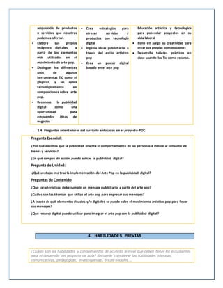adquisición de productos
o servicios que nosotros
podemos ofertar.
 Elabora sus propias
imágenes digitales a
partir de los elementos
más utilizados en el
movimiento de arte pop.
 Distingue los diferentes
usos de algunas
herramientas TIC como el
glogster, y las aplica
tecnológicamente en
composiciones sobre arte
pop.
 Reconoce la publicidad
digital como una
oportunidad para
emprender ideas de
negocios
 Crea estrategias para
ofrecer servicios y
productos con tecnología
digital
 Ingenia ideas publicitarias a
través del estilo artístico
pop
 Crea un poster digital
basado en el arte pop
Educación artística y tecnológica
para potenciar proyectos en su
vida laboral
 Pone en juego su creatividad para
crear sus propias composiciones
 Desarrolla talleres prácticos en
clase usando las Tic como recurso.
1.4 Preguntas orientadoras del currículo enfocadas en el proyecto-POC
Pregunta Esencial:
¿Por qué decimos que la publicidad orienta el comportamiento de las personas e induce al consumo de
bienes y servicios?
¿En qué campos de acción puedo aplicar la publicidad digital?
Pregunta de Unidad:
¿Qué ventajas me trae la implementación del Arte Pop en la publicidad digital?
Preguntas de Contenido:
¿Qué características debe cumplir un mensaje publicitario a partir del arte pop?
¿Cuáles son las técnicas que utiliza el arte pop para expresar sus mensajes?
¿A través de qué elementosvisuales y/o digitales se puede valer el movimiento artístico pop para llevar
sus mensajes?
¿Qué recurso digital puedo utilizar para integrar el arte pop con la publicidad digital?
4. HABILIDADES PREVIAS
¿Cuáles son las habilidades y conocimientos de acuerdo al nivel que deben tener los estudiantes
para el desarrollo del proyecto de aula? Recuerde considerar las habilidades técnicas,
comunicativas, pedagógicas, investigativas, éticas-sociales….
 