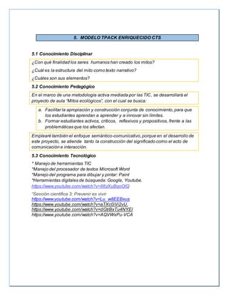 5. MODELO TPACK ENRIQUECIDO CTS
5.1 Conocimiento Disciplinar
¿Con qué finalidad los seres humanos han creado los mitos?
¿Cuál es la estructura del mito como texto narrativo?
¿Cuáles son sus elementos?
5.2 Conocimiento Pedagógico
En el marco de una metodología activa mediada por las TIC, se desarrollará el
proyecto de aula “Mitos ecológicos”, con el cual se busca:
a. Facilitar la apropiación y construcción conjunta de conocimiento, para que
los estudiantes aprendan a aprender y a innovar sin límites.
b. Formar estudiantes activos, críticos, reflexivos y propositivos, frente a las
problemáticas que los afectan.
Emplearé también el enfoque semántico-comunicativo, porque en el desarrollo de
este proyecto, se atiende tanto la construcción del significado como el acto de
comunicación e interacción.
5.3 Conocimiento Tecnológico
* Manejo de herramientas TIC
*Manejo del procesador de textos Microsoft Word
*Manejo del programa para dibujar y pintar: Paint
*Herramientas digitales de búsqueda: Google, Youtube.
https://www.youtube.com/watch?v=88zXuBqoOlQ
“Sección científica 3: Prevenir es vivir
https://www.youtube.com/watch?v=Lu_w8EEBxus
https://www.youtube.com/watch?v=aTXc0iVi2vU.
https://www.youtube.com/watch?v=dGtrBxTu4NYEl
https://www.youtube.com/watch?v=AQVWxPu-VCA
 