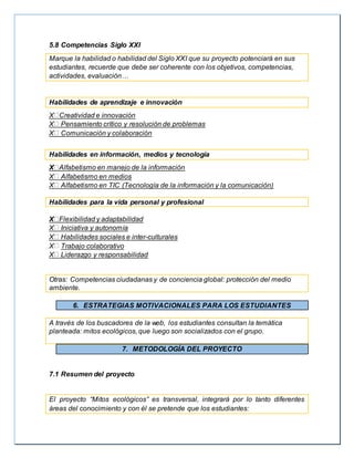 5.8 Competencias Siglo XXI
Marque la habilidad o habilidad del Siglo XXI que su proyecto potenciará en sus
estudiantes, recuerde que debe ser coherente con los objetivos, competencias,
actividades, evaluación…
Habilidades de aprendizaje e innovación
X Creatividad e innovación
X Pensamiento crítico y resolución de problemas
X Comunicación y colaboración
Habilidades en información, medios y tecnología
X Alfabetismo en manejo de la información
X Alfabetismo en medios
X Alfabetismo en TIC (Tecnología de la información y la comunicación)
Habilidades para la vida personal y profesional
X Flexibilidad y adaptabilidad
X Iniciativa y autonomía
X Habilidades sociales e inter-culturales
X Trabajo colaborativo
X Liderazgo y responsabilidad
Otras: Competencias ciudadanas y de conciencia global: protección del medio
ambiente.
6. ESTRATEGIAS MOTIVACIONALES PARA LOS ESTUDIANTES
A través de los buscadores de la web, los estudiantes consultan la temática
planteada: mitos ecológicos, que luego son socializados con el grupo.
7. METODOLOGÍA DEL PROYECTO
7.1 Resumen del proyecto
El proyecto “Mitos ecológicos” es transversal, integrará por lo tanto diferentes
áreas del conocimiento y con él se pretende que los estudiantes:
 
