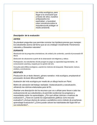 los mitos ecológicos, para
llegar a la conclusión que
a través de ellos, nuestros
antepasados los
explicaban y buscaban
crear conciencia sobre la
importancia de proteger el
medio ambiente.
Descripción de la evaluación
ANTES
Se plantean preguntas que permiten conocer las hipótesis previas que manejan
los estudiantes acerca del tema que se va a trabajar inicialmente: Fenómenos
naturales y Desastres naturales”.
DURANTE
Resolución de las preguntas orientadoras, de unidad y de contenido, usando el procesador M
Word.
Deducción de situaciones a partir de la observación de imágenes y videos.
Participación, los estudiantes donde pongan en juego su capacidad argumentativa, de
comunicación asertiva y respeto por la opinión del otro.
Consulta sobre Mitos ecológicos, usando los motores de búsqueda. Observación, lectura,
análisis y conclusiones.
DESPUÉS
Producción de un texto literario, género narrativo: mito ecológico, empleando el
procesador de texto Microsoft Word.
Ilustración del mito ecológico por medio de un dibujo hecho en Paint.
Matriz de valoración del trabajo realizado: Autoevaluación y coevaluación,
utilizando las rúbricas elaboradas para tal fin.
Realizar una descripción de los recursos que va a utilizar para llevar a cabo las
evaluaciones de sus estudiantes y le permiten evidenciar los progresos y
necesidades sobre los aprendizajes, ¿Por qué utilizar rúbricas o matrices de
evaluación?, ¿Tiene en cuenta los organizadores gráficos como recurso
evaluativo? ¿Incluye diarios de campo o portafolios como método de enseñanza-
aprendizaje-evaluación? ¿Cómo puede valorar las habilidades del Siglo XXI en
sus estudiantes?...
 