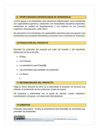 Planificador de Proyectos by Maritza Cuartas Jaramillo islicensedunder a CreativeCommons
Reconocimiento-NoComercial-SinObraDerivada 3.0 UnportedLicense..
9. OPORTUNIDADES DIFERENCIADAS DE APRENDIZAJE
¿Cómo apoya a los estudiantes ante situaciones diferenciadas, como estudiantes
con capacidades superiores, estudiantes con necesidades educativas especiales,
estudiantes en calidad de desplazamiento y con retrasos en sus procesos
cognitivos, etnoeducación, entre otros?
Se aprovecha a los estudiantes con capacidades superiores para que apoyen a los
compañeros que presentan dificultades y funcionen como monitores en el proceso.
10.PRODUCTOS DEL PROYECTO
Describa los productos del proyecto por parte del maestro y del estudiante,
referenciar los link a las URL.
 El blog
 Las Crónicas
 La presentación para Expotit@
 Las actividades que presenten los estudiante.
 La rúbrica.
k
11.SISTEMATIZACIÓN DEL PROYECTO
Haga un breve resumen de cómo va a sistematizar el proyecto, los recursos que
utilizará, la clasificación de las evidencias, el plan de mejora.
Se empezará a sistematizar con la ayuda de rúbricas, cuadro estadístico,
caracterización del grupo y el observador del estudiante.
12. CREDITOS
Productos del proyecto: El blog, la presentación para Expotit@, las actividades que
presenten los estudiantes.
 
