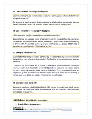 Planificador de Proyectos by Maritza Cuartas Jaramillo islicensedunder a CreativeCommons
Reconocimiento-NoComercial-SinObraDerivada 3.0 UnportedLicense..
5.5 Conocimiento Tecnológico disciplinar
¿Cómo selecciona las herramientas y recursos para ayudar a los estudiantes en
temas particulares?
De acuerdo al nivel, al grado de complejidad y a la temática, se consulta a través
de las diferentes fuentes de internet videos, enciclopedias, blogs y otros…
5.6 Conocimiento Tecnológico Pedagógico
¿Cómo enseña con las nuevas herramientas tecnológicas?
Desarrollando un proceso sobre el conocimiento del computador, los programas
pertinentes, y cómo utilizarlas a nivel pedagógico. Con la ayuda del video beam y
la proyección de cuentos, videos y juegos interactivos, se puede atraer más la
atención de los educandos. Talleres interactivos
5.7 Enfoque educativo CTS
¿Cómoaborda el componente de tecnología y sociedad?Las implicacionessociales
de la ciencia –tecnología en la sociedad. Profundizar en el conocimiento a través
de las TIC.
Motivar a los estudiantes en el uso de la tecnología en las diferentes disciplinas
con responsabilidad. Desarrollar la habilidad para tener en cuenta los efectos a corto
y a largo plazo que pueden tener nuestras acciones. Conocimiento básico de los
programas que se encuentran en Internet de acuerdo a la edad del estudiante y el
manejo que se le debe dar a estas herramientas tecnológicas.
5.8 Competencias Siglo XXI
Marque la habilidad o habilidad del Siglo XXI que su proyecto potenciará en sus
estudiantes, recuerde que debe ser coherente con los objetivos, competencias,
actividades, evaluación…
Habilidades de aprendizaje e innovación
 Creatividad e innovación .
 
