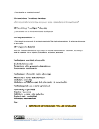 Planificador de Proyectos by Maritza Cuartas Jaramillo is licensed under a Creative Commons Reconocimiento-
NoComercial-SinObraDerivada 3.0 Unported License..
¿Cómo enseñar un contenido concreto?
5.5 Conocimiento Tecnológico disciplinar
¿Cómo selecciona las herramientas y recursos para ayudar a los estudiantes en temas particulares?
5.6 Conocimiento Tecnológico Pedagógico
¿Cómo enseñas con las nuevas herramientas tecnológicas?
5.7 Enfoque educativo CTS
¿Cómo aborda el componente de tecnología y sociedad? Las implicaciones sociales de la ciencia –tecnología
en la sociedad.
5.8 Competencias Siglo XXI
Marque la habilidad o habilidad del Siglo XXI que su proyecto potenciará en sus estudiantes, recuerde que
debe ser coherente con los objetivos, competencias, actividades, evaluación…
Habilidades de aprendizaje e innovación
Creatividad e innovación
Pensamiento crítico y resolución de problemas
Comunicación y colaboración
Habilidades en información, medios y tecnología
Alfabetismo en manejo de la información
Alfabetismo en medios
Alfabetismo en TIC (Tecnología de la información y la comunicación)
Habilidades para la vida personal y profesional
Flexibilidad y adaptabilidad
Iniciativa y autonomía
Habilidades sociales e inter-culturales
Productividad y confiabilidad
Liderazgo y responsabilidad
Otra:
6. ESTRATEGIAS MOTIVACIONALES PARA LOS ESTUDIANTES
 