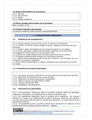 Planificador de ProyectosV2 by Maritza Cuartas Jaramillo is licensed under a Creative Commons
Reconocimiento-No Comercial-SinObraDerivada 4.0 Internacional License.
Creado a partir de la obra enhttp://punya.educ.msu.edu/publications/journal_articles/mishra-koehler-tcr2006.pdf...
2.3 Áreas intervenidas con el proyecto
2.3.1. Química.
2.3.2. Geo-Ciencias.
2.3.3. Inglés.
2.3.4. Lengua Castellana.
2.4 Nivel y grados intervenidos con el proyecto
Nivel y grado: 11-03
2.5 Tiempo necesario aproximado
Un período académico (trece semanas, aproximadamente).
3. PLANIFICACIÓN CURRICULAR
3.1 Estándares de Competencias
3.1.1. Explico cambios químicos en la cocina, la industria y el ambiente.
3.1.2. Cumplo mi función cuando trabajo en grupo y respeto las funciones de otras
personas.
3.2 Contenidos curriculares abordados
3.2.1. Reacciones químicas.
3.2.2. Soluciones.
3.2 Contenidos Curriculares abordados
3.3 Indicadores de desempeño
3.3.1. Los estudiantes reflexionan sobre el equilibrio existente entre los elementos
vitales de la naturaleza y lo urbanístico y la manera de mantener esto.
3.3.2. Los estudiantes reflexionan sobre la práctica de la separación de residuos
sólidos en su fuente y las implicaciones de orden económico, social que ello conlleva,
así como de preservación del entorno natural para garantizar la supervivencia de las
generaciones futuras.
3.3.3. Los estudiantes ponen en práctica ejercicios de separación de residuos en las
fuentes dentro de su entorno próximo (casa y/o colegio).
3.1.1. Explico cambios químicos en la cocina, la industria y el ambiente.
3.1.2. Cumplo mi función cuando trabajo en grupo y respeto las funciones de otras
personas.
3.1.3. Diseño y aplico estrategias para el manejo de basuras en mi colegio.
3.1.4. Busco, interpreto y organizo la información haciendo uso de las nuevas
Tecnologías de la Información y la Comunicación (TIC).
3.1.5 Escribo en inglés pequeño textos sencillos sobre temas de mi entorno.
3.1.6 Diligencio efectivamente formatos con información personal.
3.1.7 Escribo textos expositivos sobre temas de mi entorno y mis intereses, con una
ortografía y puntuación aceptables.
3.1.8 Uso planes representados en mapas o diagramas para desarrollar mis escritos
en inglés.
3.2.1. Reacciones químicas. Importancia e inconvenientes de las reacciones químicas
3.2.2. Soluciones. Eutrofización de un cuerpo de agua.
3.2.3. Elaboración de textos descriptivos y expositivos.
3.2.4. Medios impresos de comunicación: folleto
3.2.5. Proyecto transversal PRAE
3.2.6. Vocabulario: My Community.
 