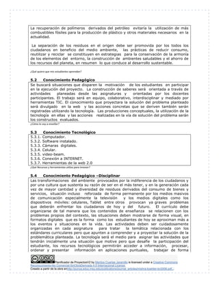 Planificador de ProyectosV2 by Maritza Cuartas Jaramillo is licensed under a Creative Commons
Reconocimiento-No Comercial-SinObraDerivada 4.0 Internacional License.
Creado a partir de la obra enhttp://punya.educ.msu.edu/publications/journal_articles/mishra-koehler-tcr2006.pdf...
La recuperación de polímeros derivados del petróleo evitaría la utilización de más
combustibles fósiles para la producción de plástico y otros materiales necesarios en la
actualidad.
La separación de los residuos en el origen debe ser promovida por los todos los
ciudadanos en beneficio del medio ambiente, las prácticas de reducir consumo,
reutilizar y reciclar se constituyen en estrategias para la conservación de la armonía
de los elementos del entorno, la construcción de ambientes saludables y el ahorro de
los recursos del planeta, en resumen lo que conduce al desarrollo sustentable.
¿Qué quiero que mis estudiantes aprendan?
5.2 Conocimiento Pedagógico
Se buscará situaciones que disparen la motivación de los estudiantes en participar
en la ejecución del proyecto. La construcción de saberes será orientada a través de
actividades planeadas desde las asignaturas y orientadas por los docentes
participantes. El trabajo será en equipo, colaborativo, interdisciplinar y mediado por
herramientas TIC. El conocimiento que proyectara la solución del problema planteado
será divulgado en la web y las acciones concretas que se deriven también serán
registradas utilizando la tecnología. Las producciones conceptuales, la utilización de la
tecnología en ellas y las acciones realizadas en la vía de solución del problema serán
los constructos evaluados.
¿Cómo lo voy a enseñar?
5.3 Conocimiento Tecnológico
5.3.1. Computador.
5.3.2. Software instalado.
5.3.3. Cámaras digitales.
5.3.4. Celular.
5.3.5. video-beam.
5.3.6. Conexión a INTERNET.
5.3.7. Herramientas de la web 2.0
¿Qué Recursos y herramientas utilizo para innovar?
5.4 Conocimiento Pedagógico –Disciplinar
Las transformaciones del ambiente provocados por la indiferencia de los ciudadanos y
por una cultura que sustenta su razón de ser en el más tener, y en la generación cada
vez de mayor cantidad y diversidad de residuos derivados del consumo de bienes y
servicios, situación incluso reforzada de forma permanente por los medios masivos
de comunicación especialmente la televisión y los medios digitales como los
dispositivos móviles: celulares, Tablet entre otros provocan ya graves problemas
que deberán enfrentar los ciudadanos de hoy y del futuro. El currículo debe
organizarse de tal manera que los contenidos de enseñanza se relacionen con los
problemas propios del contexto, las situaciones deben mostrarse de forma visual, en
formatos digitales que es la forma como los estudiantes de hoy se aproximan más a
los eventos y situaciones en la vida. Las actividades deben ser cuidadosamente
organizadas en cada asignatura para tratar la temática relacionada con los
estándares curriculares pero que apunten a comprender y a proyectar la solución de la
problemática planteada. La tecnología será el medio para asignar las actividades que
tendrán inicialmente una situación que motive pero que desafíe la participación del
estudiante, los recursos tecnológicos permitirán acceder a información, procesar,
ordenar y presentar información en aplicaciones puntuales, trabajar de forma
 