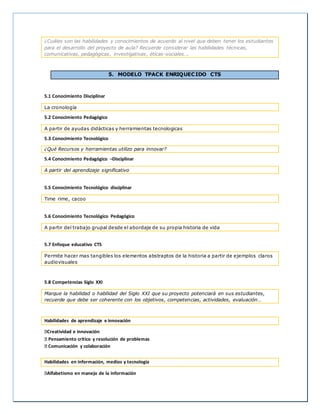 ¿Cuáles son las habilidades y conocimientos de acuerdo al nivel que deben tener los estudiantes 
para el desarrollo del proyecto de aula? Recuerde considerar las habilidades técnicas, 
comunicativas, pedagógicas, investigativas, éticas-sociales…. 
5. MODELO TPACK ENRIQUECIDO CTS 
5.1 Conocimiento Disciplinar 
La cronología 
5.2 Conocimiento Pedagógico 
A partir de ayudas didácticas y herramientas tecnologicas 
5.3 Conocimiento Tecnológico 
¿Qué Recursos y herramientas utilizo para innovar? 
5.4 Conocimiento Pedagógico –Disciplinar 
A partir del aprendizaje significativo 
5.5 Conocimiento Tecnológico disciplinar 
Time rime, cacoo 
5.6 Conocimiento Tecnológico Pedagógico 
A partir del trabajo grupal desde el abordaje de su propia historia de vida 
5.7 Enfoque educativo CTS 
Permite hacer mas tangibles los elementos abstraptos de la historia a partir de ejemplos claros 
audiovisuales 
5.8 Competencias Siglo XXI 
Marque la habilidad o habilidad del Siglo XXI que su proyecto potenciará en sus estudiantes, 
recuerde que debe ser coherente con los objetivos, competencias, actividades, evaluación… 
Habilidades de aprendizaje e innovación 
Creatividad e innovación 
Pensamiento crítico y resolución de problemas 
Comunicación y colaboración 
Habilidades en información, medios y tecnología 
Alfabetismo en manejo de la información 
 