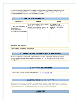 Al referirse a la historia de Colombia y abarcar específicamente el periodo de la colonia, el 
proyecto esta anclado al plan de aula y a los estándares de educación para el área de las 
ciencias sociales en el grado cuarto de la básica primaria. 
8. EVALUACIÓN FORMATIVA 
DIAGNOSTICO DURANTE DESPUES 
La fase uno comprende el 
diagnostico y la 
adaptación a las 
herramientas tecnológicas 
Una vez finalizada la construcción, 
se abrirá un espacio de 
socialización donde se buscara la 
retroalimentación y evaluación 
Se realizara una 
retroalimentación de la 
actividad a partir de la 
reflexión 
Descripción de la evaluación 
Se utilizara la rubrika y la coevaluacion 
9. OPORTUNIDADES DIFERENCIADAS DE APRENDIZAJE 
Al ser un trabajo que parte de la historia personal de cada estudiante, se comprenden las 
características particulares de cada uno como parte de y no como limitantes en la practica 
pedagógica. 
10.PRODUCTOS DEL PROYECTO 
Los productos serán subidos a un blog del curso en www.blogger.com 
11.SISTEMATIZACIÓN DEL PROYECTO 
Debido a que el proyecto parte de la historia personal de cada uno de los estudiantes, es difícil 
pensar en una sistematización, sin embargo el uso de la herramienta time rime se establecerá 
progresivamente como el medio para realizar las construcciones cronológicas. 
12.CREDITOS 
 