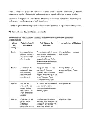 Habrá 7 estaciones que serán 7 pruebas, en cada estación estará 1 estudiante y 1 docente. 
Llevará una planilla relacionando cada grupo con el puntaje obtenido en cada prueba. 
Se iniciará cada grupo en una estación diferente y se diseñará un recorrido aleatorio para 
cada grupo y puedan pasar por las 7 estaciones. 
Cuando un grupo finalice la prueba correspondiente pasará a la siguiente lo antes posible. 
7.2 Herramientas de planificación curricular 
Procedimientos Instruccionales (basado en el modelo de aprendizaje y métodos 
seleccionados) 
Línea 
de 
Tiempo 
Actividades del 
Estudiante 
Actividades del 
Docente 
Herramientas didácticas 
5 min. Los estudiantes 
prestan atención 
a la explicación 
del docente 
Presentación: El docente 
saluda a los estudiantes 
y los contextualiza 
respecto al tema de la 
Sexualidad y realiza una 
retroalimentación. 
Computadores y Aula de 
informática 
15 min. Formación de 
grupos de tres 
estudiantes y 
resolución de 
cuestionario 
Indagación de saberes 
previos: El docente 
ayuda a conformar los 
grupos e inicia la guía de 
la actividad en Power 
Point por cada grupo 
Computadores y 
presentación en Power 
Point 
15 min. Uno de los 
integrantes de 
grupo lee las 
respuestas del 
suyo a los otros 
grupos 
Socialización: El docente 
pide atención para 
escuchar las respuestas 
de los grupos 
Computadores 
15 min. Elaboración por 
grupo de un 
listado de 
preguntas sobre 
Lluvia de preguntas: el 
docente pide elaborar un 
listado de preguntas y la 
selección de dos de 
Hojas de block 
 