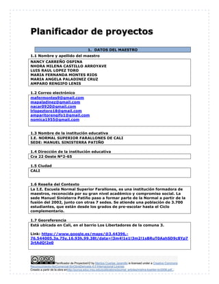 Planificador de ProyectosV2 by Maritza Cuartas Jaramillo is licensed under a Creative Commons
Reconocimiento-NoComercial-SinObraDerivada 4.0 Internacional License.
Creado a partir de la obra enhttp://punya.educ.msu.edu/publications/journal_articles/mishra-koehler-tcr2006.pdf...
Planificador de proyectos
1. DATOS DEL MAESTRO
1.1 Nombre y apellido del maestro
NANCY CARREÑO OSPINA
NHORA MILENA CASTILLO ARROYAVE
LUIS RAUL LOPEZ TORO
MARIA FERNANDA MONTES RIOS
MARIA ANGELA PALADINEZ CRUZ
AMPARO RENGIFO LENIS
1.2 Correo electrónico
mafermontes9@gmail.com
mapaladinez@gmail.com
nacar0920@gmail.com
lrlopeztoro18@gmail.com
amparitorengifo1@gmail.com
nomica1955@gmail.com
1.3 Nombre de la institución educativa
I.E. NORMAL SUPERIOR FARALLONES DE CALI
SEDE: MANUEL SINISTERRA PATIÑO
1.4 Dirección de la institución educativa
Cra 22 Oeste Nº2-65
1.5 Ciudad
CALI
1.6 Reseña del Contexto
La I.E. Escuela Normal Superior Farallones, es una institución formadora de
maestros, reconocida por su gran nivel académico y compromiso social. La
sede Manuel Sinisterra Patiño paso a formar parte de la Normal a partir de la
fusión del 2002, junto con otras 7 sedes. Se atiende una población de 3.700
estudiantes, que están desde los grados de pre-escolar hasta el Ciclo
complementario.
1.7 Georeferencia
Está ubicada en Cali, en el barrio Los Libertadores de la comuna 3.
Link: https://www.google.es/maps/@3.44396,-
76.544005,3a,75y,16.93h,99.38t/data=!3m4!1e1!3m2!1sBRuT0AahSD9c8Yp7
3rtAdQ!2e0
 