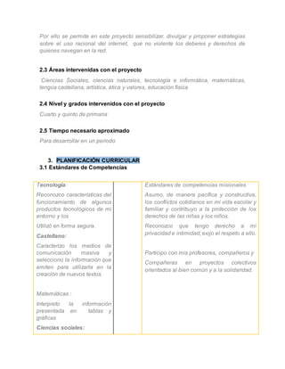 Por ello se permite en este proyecto sensibilizar, divulgar y proponer estrategias 
sobre el uso racional del internet, que no violente los deberes y derechos de 
quienes navegan en la red. 
2.3 Áreas intervenidas con el proyecto 
Ciencias Sociales, ciencias naturales, tecnología e informática, matemáticas, 
lengua castellana, artística, ética y valores, educación física 
2.4 Nivel y grados intervenidos con el proyecto 
Cuarto y quinto de primaria 
2.5 Tiempo necesario aproximado 
Para desarrollar en un periodo 
3. PLANIFICACIÓN CURRICULAR 
3.1 Estándares de Competencias 
Tecnología: 
Reconozco características del 
funcionamiento de algunos 
productos tecnológicos de mi 
entorno y los 
Utilizó en forma segura. 
Castellano: 
Caracterizo los medios de 
comunicación masiva y 
selecciono la información que 
emiten para utilizarla en la 
creación de nuevos textos. 
Matemáticas : 
Interpreto la información 
presentada en tablas y 
gráficas 
Ciencias sociales: 
Estándares de competencias misionales 
Asumo, de manera pacífica y constructiva, 
los conflictos cotidianos en mi vida escolar y 
familiar y contribuyo a la protección de los 
derechos de las niñas y los niños. 
Reconozco que tengo derecho a mi 
privacidad e intimidad; exijo el respeto a ello. 
Participo con mis profesores, compañeros y 
Compañeras en proyectos colectivos 
orientados al bien común y a la solidaridad. 
 