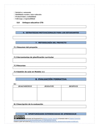 Planificador de ProyectosV2 by Maritza Cuartas Jaramillo is licensed under a Creative Commons
Reconocimiento-NoComercial-SinObraDerivada 4.0 Internacional License.
Creado a partir de la obra enhttp://punya.educ.msu.edu/publications/journal_articles/mishra-koehler-tcr2006.pdf...
Iniciativa y autonomía
Habilidades sociales e inter-culturales
Productividad y confiabilidad
Liderazgo y responsabilidad
5.8 Enfoque educativo CTS
6. ESTRATEGIAS MOTIVACIONALES PARA LOS ESTUDIANTES
7. METODOLOGÍA DEL PROYECTO
7.1 Resumen del proyecto
7.2 Herramientas de planificación curricular
7.3 Recursos
7.4 Gestión de aula en Modelo 1:1
8. EVALUACIÓN FORMATIVA
8.1
DIAGNOSTICO DURANTE DESPUES
8.2 Descripción de la evaluación
9. OPORTUNIDADES DIFERENCIADAS DE APRENDIZAJE
 