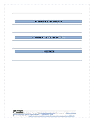 Planificador de ProyectosV2 by Maritza Cuartas Jaramillo is licensed under a Creative Commons
Reconocimiento-NoComercial-SinObraDerivada 4.0 Internacional License.
Creado a partir de la obra enhttp://punya.educ.msu.edu/publications/journal_articles/mishra-koehler-tcr2006.pdf...
10.PRODUCTOS DEL PROYECTO
11. SISTEMATIZACIÓN DEL PROYECTO
12.CREDITOS
 