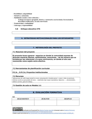Flexibilidad y adaptabilidad
 Iniciativa y autonomía
 Habilidades sociales e inter-culturales :
- Trabajar de manera apropiada, afectiva y constructiva con los demás; favoreciendo la
diversidad ,la diferencia y la sana convivencia
 Productividad y confiabilidad
 Liderazgo y responsabilidad
5.8 Enfoque educativo CTS
6. ESTRATEGIAS MOTIVACIONALES PARA LOS ESTUDIANTES
7. METODOLOGÍA DEL PROYECTO
7.1 Resumen del proyecto
El proyecto busca generar espacios en donde la comunidad exprese de
diversas maneras afectos, sentimientos, emociones… de tal manera que se
fortalezcan las relaciones y la sana convivencia, en donde el otro sea
reconocido como sujeto socio-afectivo.
7.2 Herramientas de planificación curricular
P.C.A. , D.P.C.A, Proyectos institucionales
7.3 Recursos
Aplicaciones de web( mapa mental en cacoo, presentación virtualen power o prezi, video en powtoon,
informe escrito en procesador de texto….materiales tipo icopor marcadores, lapiceros…., documentales,
talleres escritos, guías de trabajo…
7.4 Gestión de aula en Modelo 1:1
8. EVALUACIÓN FORMATIVA
8.1
DIAGNOSTICO DURANTE DESPUES
Planificador de ProyectosV2 by Maritza Cuartas Jaramillo is licensed under a Creative Commons
Reconocimiento-NoComercial-SinObraDerivada 4.0 Internacional License.
Creado a partir de la obra enhttp://punya.educ.msu.edu/publications/journal_articles/mishra-koehler-tcr2006.pdf...
 