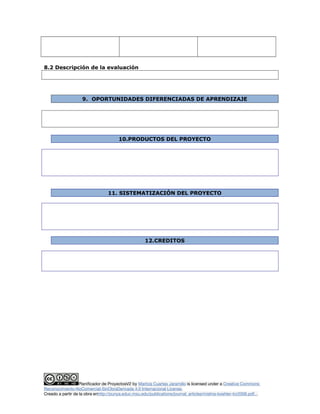 8.2 Descripción de la evaluación
9. OPORTUNIDADES DIFERENCIADAS DE APRENDIZAJE
10.PRODUCTOS DEL PROYECTO
11. SISTEMATIZACIÓN DEL PROYECTO
12.CREDITOS
Planificador de ProyectosV2 by Maritza Cuartas Jaramillo is licensed under a Creative Commons
Reconocimiento-NoComercial-SinObraDerivada 4.0 Internacional License.
Creado a partir de la obra enhttp://punya.educ.msu.edu/publications/journal_articles/mishra-koehler-tcr2006.pdf...
 