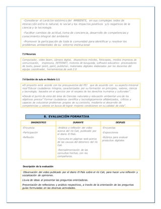 -Considerar el carácter sistémico del AMBIENTE, en sus complejas redes de
interacción entre lo natural, lo social y los impactos positivos y/o negativos de la
ciencia y la tecnología.
-Facilitar cambios de actitud, toma de conciencia, desarrollo de competencias y
conocimiento integral del ambiente
-Promover la participación de toda la comunidad para identificar y resolver los
problemas ambientales de su entorno institucional
7.3 Recursos
Computador, video beam, cámara digital, dispositivos móviles, fotocopias, medios impresos de
comunicación, impresora, INTERNET, motores de búsqueda, software educativo: procesadores
de texto, power point, paint, publisher, materiales digitales elaborados por los docentes del
equipo coordinador, herramientas de web 2.0
7.4 Gestión de aula en Modelo 1:1
•El proyecto está acorde con los presupuestos del PEI que de acuerdo con su aspecto misional
reza”Educar ciudadanos íntegros, caracterizados por su formación en principios, valores, ciencia
y tecnología; basados en el ejercicio por el respeto de los derechos humanos y culturales”.
•Desde el punto de vista del área de Ciencias naturales y educación ambiental uno de los
objetivos precisa” Formar ciudadanos científica y tecnológicamente alfabetizados, críticos y
capaces de solucionar problemas propios de su contexto, mediante el desarrollo de
competencias y valores en busca de lograr mejores condiciones en su calidad de vida”.
8. EVALUACIÓN FORMATIVA
DIAGNOSTICO DURANTE DESPUES
-Encuesta
-Participación
-Reflexión
-Análisis y reflexión del video
acerca del río Cali, publicado por
el diario El País.
-Consulta en páginas web acerca
de las causas del deterioro del río
Cali.
-Retroalimentación de las
consultas hechas, con los
compañeros.
-Encuestas
-Exposiciones
-Rúbrica para evaluar
productos digitales
Descripción de la evaluación
Observación del video publicado por el diario El País sobre el río Cali, para hacer una reflexión y
socialización de opiniones.
Lluvia de ideas al presentar las preguntas orientadoras.
Presentación de reflexiones y análisis respectivos, a través de la orientación de las preguntas
guías formuladas en las diversas actividades.
 