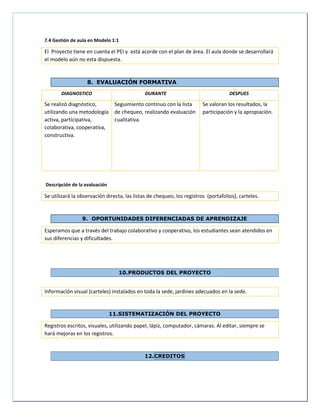 7.4 Gestión de aula en Modelo 1:1
El Proyecto tiene en cuenta el PEI y está acorde con el plan de área. El aula donde se desarrollará
el modelo aún no esta dispuesta.
8. EVALUACIÓN FORMATIVA
DIAGNOSTICO DURANTE DESPUES
Se realizó diagnóstico,
utilizando una metodología
activa, participativa,
colaborativa, cooperativa,
constructiva.
Seguimiento continuo con la lista
de chequeo, realizando evaluación
cualitativa.
Se valoran los resultados, la
participación y la apropiación.
Descripción de la evaluación
Se utilizará la observación directa, las listas de chequeo, los registros (portafolios), carteles.
9. OPORTUNIDADES DIFERENCIADAS DE APRENDIZAJE
Esperamos que a través del trabajo colaborativo y cooperativo, los estudiantes sean atendidos en
sus diferencias y dificultades.
10.PRODUCTOS DEL PROYECTO
Información visual (carteles) instalados en toda la sede, jardines adecuados en la sede.
11.SISTEMATIZACIÓN DEL PROYECTO
Registros escritos, visuales, utilizando papel, lápiz, computador, cámaras. Al editar, siempre se
hará mejoras en los registros.
12.CREDITOS
 