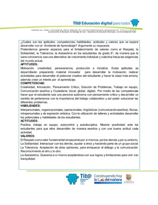Elaborado por: Equipo Univ ersidad del Valle en desarrollo del Conv enio interadministrativ o de asociación No. 4143.0.27.016-2015
suscrito entre el Municipio de Santiago de Cali – Secretaría de Educación Municipal y la Univ ersidad del Valle
¿Cuáles son las aptitudes, competencias, habilidades, actitudes y valores que se espera
desarrollar con el Ambiente de Aprendizaje? Argumente su respuesta
Pretendemos generar espacios para el fortalecimiento de valores como el Respeto, la
Solidaridad, la Tolerancia, la Autoestima en los estudiantes de grado 6°, de manera que la
sana convivencia sea una alternativa de crecimiento individual y colectiva hacia las exigencias
del mundo actual.
APTITUDES:
Motivación, creatividad, perseverancia, producción e iniciativa. Estas aptitudes se
desarrollarán preparando material innovador para desarrollar la motivación, realizar
actividades para desarrollar el potencial creativo del estudiante y hacer la clase más amena,
además crear un interés por el aprendizaje.
COMPETENCIAS:
Creatividad, Innovación, Pensamiento Crítico, Solución de Problemas, Trabajo en equipo,
Comunicación asertiva y Ciudadanía (local, global, digital). Por medio de las competencias
hacer que el estudiante sea una persona autónoma con pensamiento crítico y desarrollar un
sentido de pertenencia con la importancia del trabajo colaborativo y así poder solucionar los
diferentes problemas.
HABILIDADES:
Interpersonales, organizacionales, operacionales, lingüísticas (comunicaciónasertiva), físicas,
intrapersonales y de expresión artística. Con la utilización de talleres y actividades desarrollar
los potenciales y habilidades de los estudiantes.
ACTITUDES:
Positiva, trabajo en equipo, autocontrol y autodisciplina. Mostrar positividad ante los
estudiantes para que ellos desarrollen de manera asertiva y con una buena actitud cada
actividad.
VALORES:
El Respeto comovalor fundamental empezandopor símismos,porlos demás y por su entorno.
La Solidaridad. Interactuar con los demás, ayudar a otros y haciendo parte de un grupo social.
La Tolerancia. Aceptación de otras opiniones, para enriquecer el diálogo y la comunicación.
Reconocimiento al otro y lo otro.
La Autoestima. Quererse a sí mismo aceptándose con sus logros y limitaciones para vivir con
tranquilidad.
 