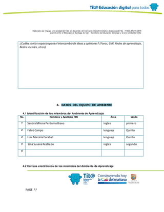Elaborado por: Equipo Univ ersidad del Valle en desarrollo del Conv enio interadministrativ o de asociación No. 4143.0.27.016-2015
suscrito entre el Municipio de Santiago de Cali – Secretaría de Educación Municipal y la Univ ersidad del Valle
PAGE *
MERGEF
ORMAT
10
¿Cuálesson los espaciospara el intercambio de ideas y opiniones? (Foros, CoP, Redes de aprendizaje,
Redes sociales, otros)
4. DATOS DEL EQUIPO DE AMBIENTE
4.1 Identificación de los miembros del Ambiente de Aprendizaje
No. Nombres y Apellidos ME Área Grado
1 Sandra MilenaPerdomoBravo inglés primero
2 FabioCampo lenguaje Quinto
3 Lina Marcela Carabalí lenguaje Quinto
4 Lina SusanaRestrepo inglés segundo
5
4.2 Correos electrónicos de los miembros del Ambiente de Aprendizaje
 