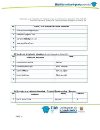 Elaborado por: Equipo Univ ersidad del Valle en desarrollo del Conv enio interadministrativ o de asociación No. 4143.0.27.016-2015
suscrito entre el Municipio de Santiago de Cali – Secretaría de Educación Municipal y la Univ ersidad del Valle
PAGE *
MERGEF
ORMAT
10
No. Correo – En el orden de aparición del numeral 4.1
1 milenasperdomo@gmail.com
2 fcampocruz@gmail.com
3 Marcelain8230@gmail.com
4 susanausc@gmail.com
5
4.3 Nombre de la institución educativa (En orden de aparición en el numeral 4.1)
No
.
Institución Educativa
Sede
1 PedroAntonioMolina San Luis
2 Politécnicomunicipal Johnf Kennedy
3 GabrielaMistral Dámaso Zapata
4 SimonRodriguez Mario LLoreda
5
4.4 Dirección de la Institución Educativa – Principal / Sedes principal + Comuna
No
.
Dirección
Barrio Comuna
1 Cra 1ª 10 No.71- 00 San Luis 6
 