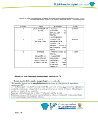 Elaborado por: Equipo Univ ersidad del Valle en desarrollo del Conv enio interadministrativ o de asociación No. 4143.0.27.016-2015
suscrito entre el Municipio de Santiago de Cali – Secretaría de Educación Municipal y la Univ ersidad del Valle
PAGE *
MERGEF
ORMAT
10
1.8 Contexto para el Ambiente de Aprendizaje mediado por TIC
Caracterización de los sujetos que participan en el ambiente
¿Qué aspectos caracterizan a los estudiantes que participan en el ambiente de aprendizaje
mediado por TIC?
Los estudiantes de la sede Jhon F Kennedy. Grado 5.8 .viven en la comuna 18.se encuentran .ubicados en
el estrato2.corresponden a. La jornada de la tarde., provienen en su mayoría de hogares difundidos.pero
cuentan con ei apoyo de sus acudientes.
Este grupo está conformado, por 19 niñas y 17 niños entre los 11 y 12 años.
Se destacan por su sentido de pertenencia a la institución y entusiasmo para asistir a clases, además por
su marcado interés por las actividades artísticas.
 