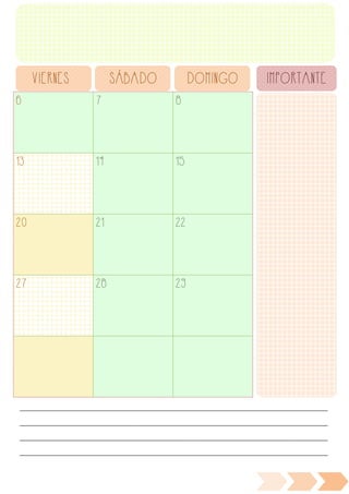 6 7 8
13 14 15
20 21 22
27 28 29
VIERNES SÁBADO DOMINGO IMPORTANTE
________________________________________________________________________________________________
________________________________________________________________________________________________
________________________________________________________________________________________________
________________________________________________________________________________________________
 